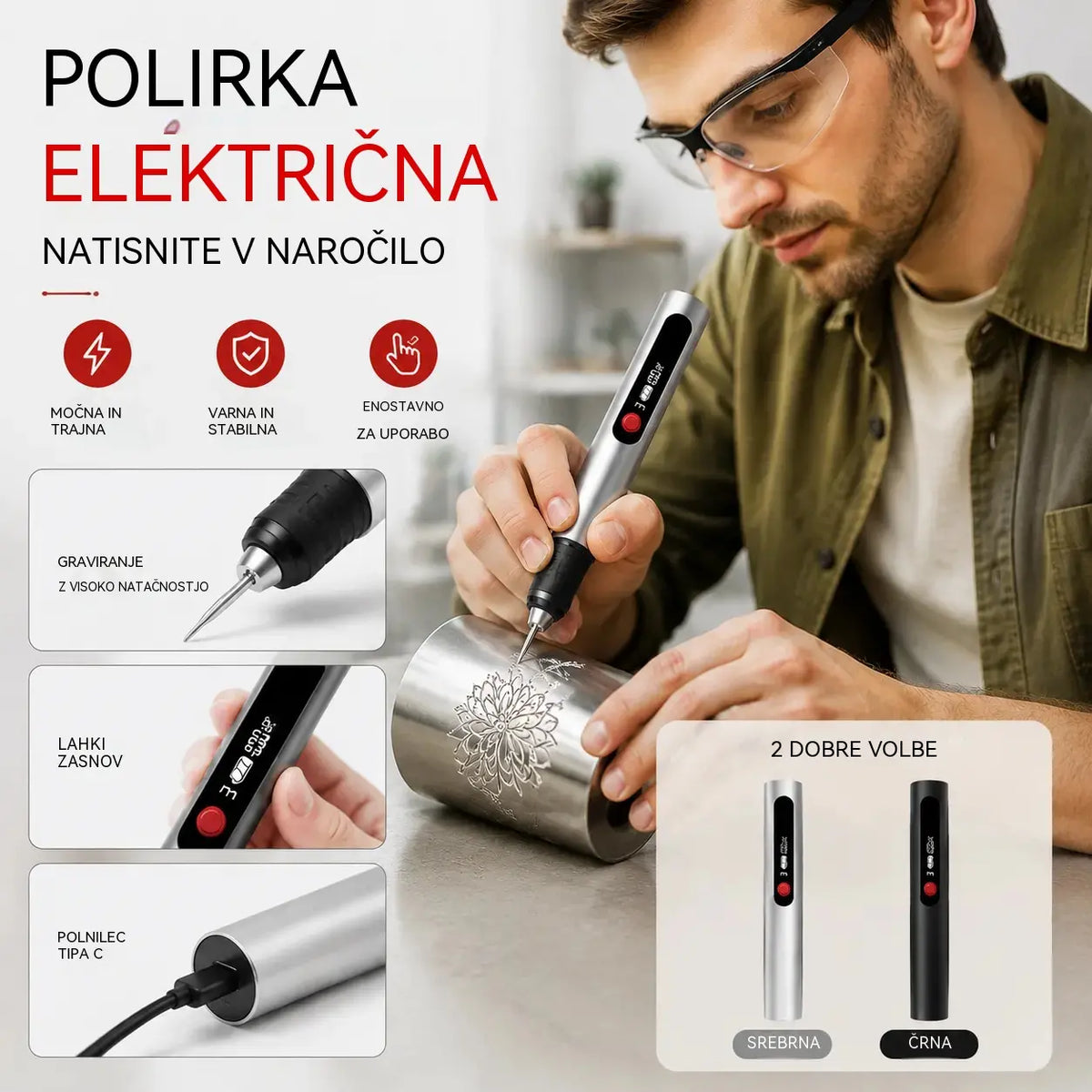Trpežno, polnilno, večnamensko litij-ionsko gravirno pisalo, primerno za okrasitev nohtov in električno piljenje.