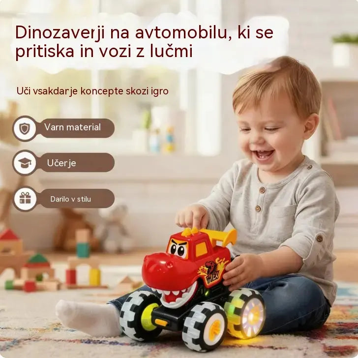 🦖🚗 Avtomobil dinozavrov s pritiskom za zagon: Z rahlim pritiskom se odpelje, spremljajo ga utripajoče luči in smešno rjovenje ✨🎮