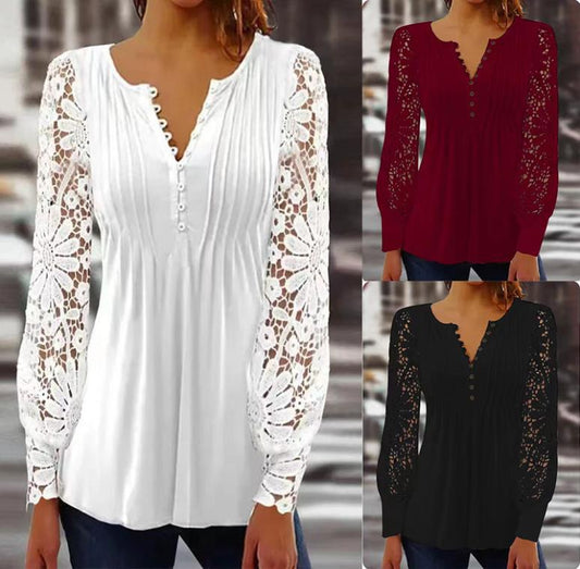 【HOT🎁🔥💥】【40-80KG】Nowy koronkowy V-neck long-sleeved top nie jest łatwy do pill, miękkie i nie przebić skórę, wszechstronny i smukły