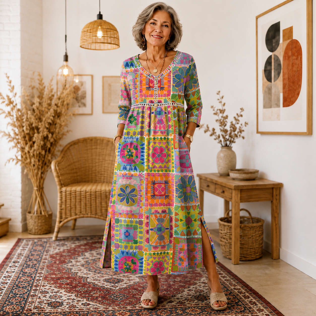 【S-5XL】Retro elegáns, testhezálló ruha, kerek nyakú, virágmintás maxi ruha