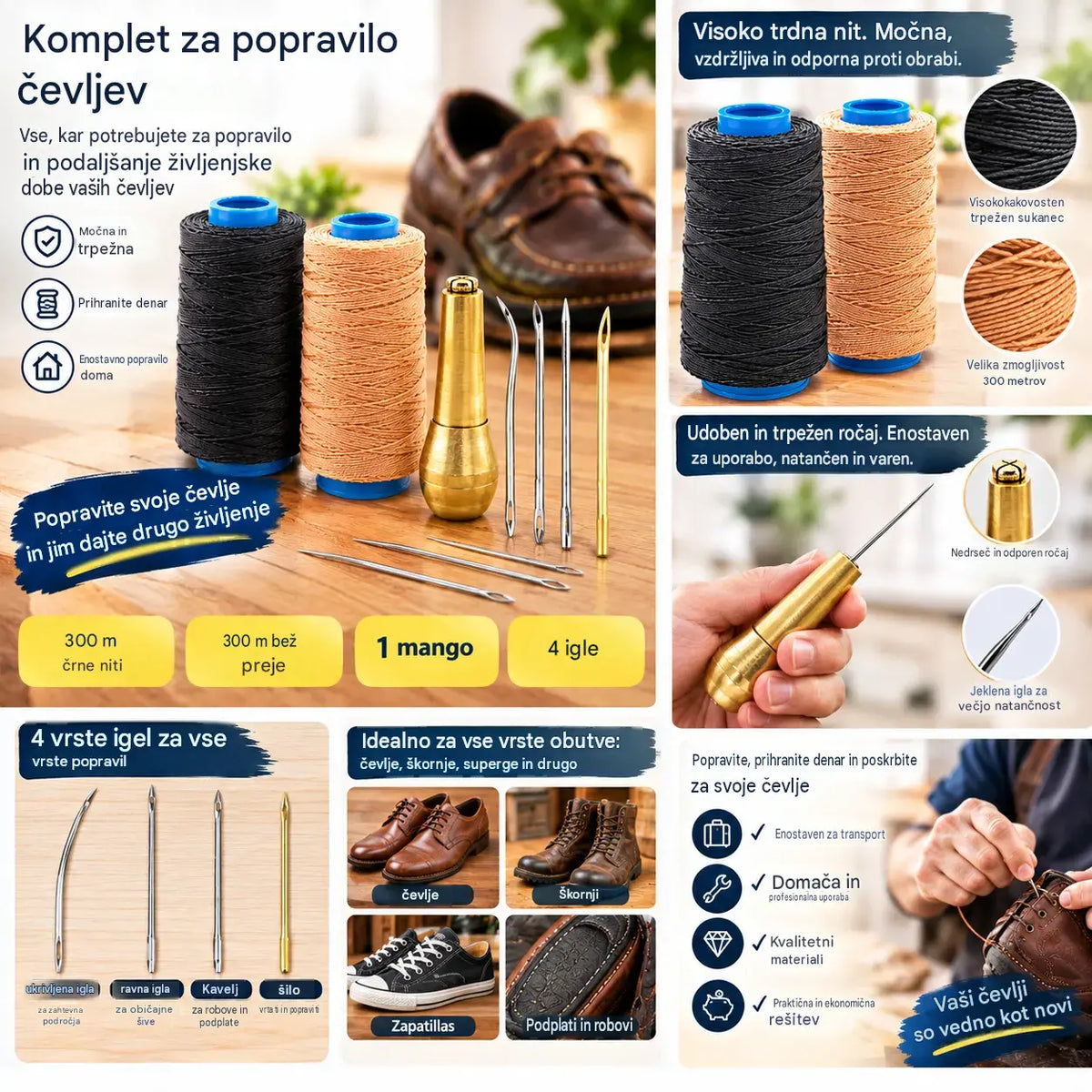 ✨Zdaj 50 % ceneje!✨ 5-delni komplet šila za šivanje usnja z voskano nitjo: orodje za ročno šivanje usnja.