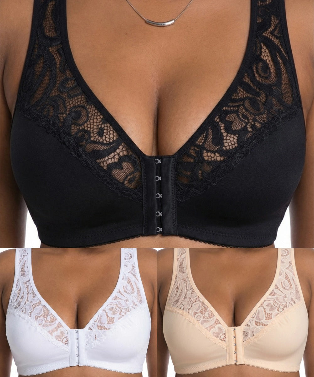 💖【Σετ 3 τεμαχίων】【L-4XL】😍Κομψό σουτιέν push-up με δαντέλα και κλείσιμο μπροστά, για μεγάλα μεγέθη, με push-up και σχέδιο με κοφτερή λαιμόκοψη