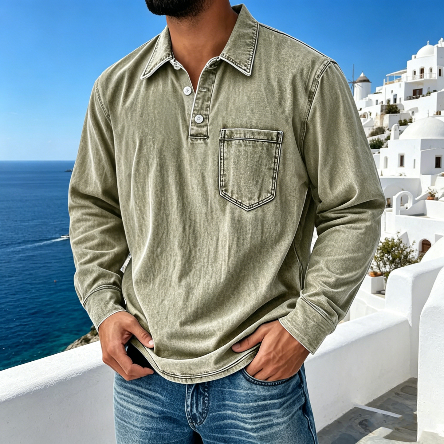 【S-5XL】Νέο τζιν πουκάμισο Henley για άνδρες με 3 κουμπιά, casual, μακρυμάνικο, του 2026