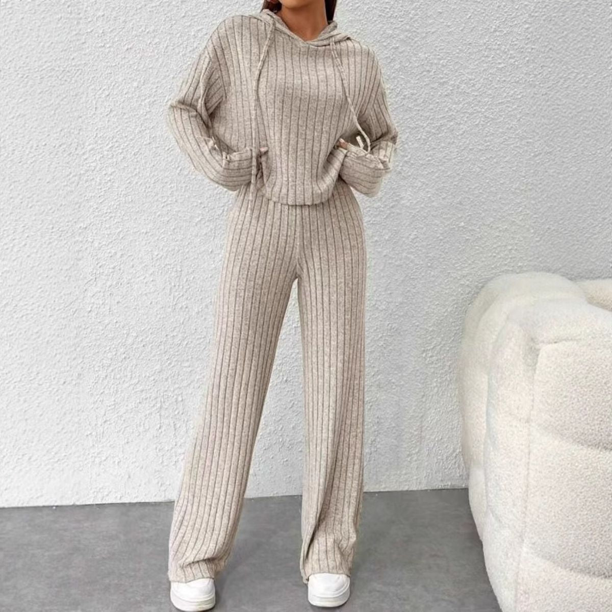 😍【Top + Spodnie】Stylowy damski dzianinowy dwuczęściowy komplet: Bluza + Spodnie z szerokimi nogawkami