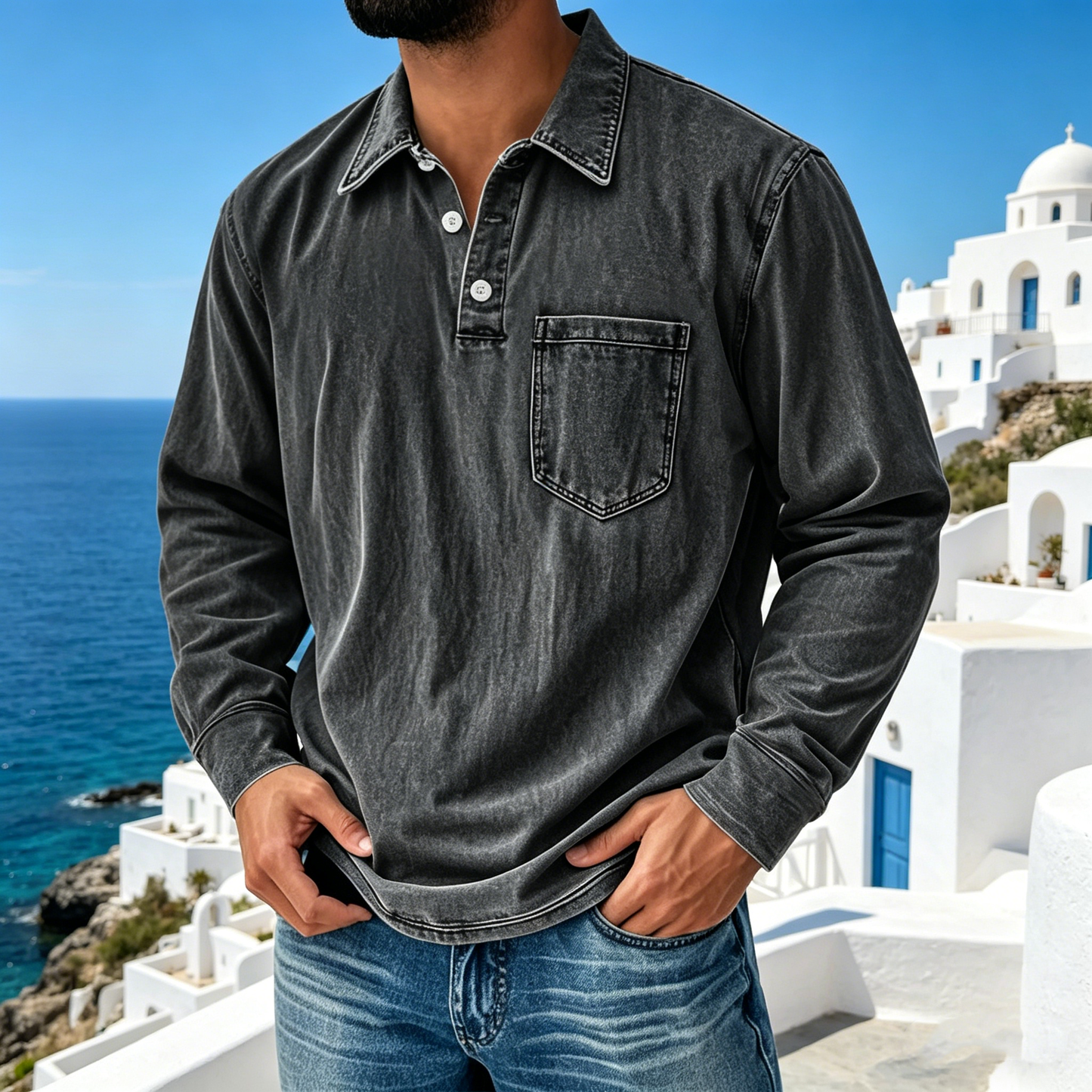 【S-5XL】Νέο τζιν πουκάμισο Henley για άνδρες με 3 κουμπιά, casual, μακρυμάνικο, του 2026