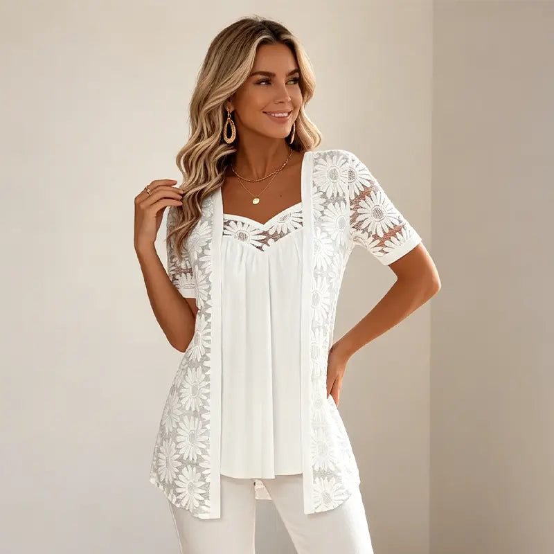 👚 【Drugi artikel za polovično ceno】Eleganten čipkast mrežasti top, dvodelni dizajn, učinkovito splošči trebuh in ustvari vitkejšo postavo. Na voljo v 5 barvah, velikostih od S do 4XL! 🌸✨