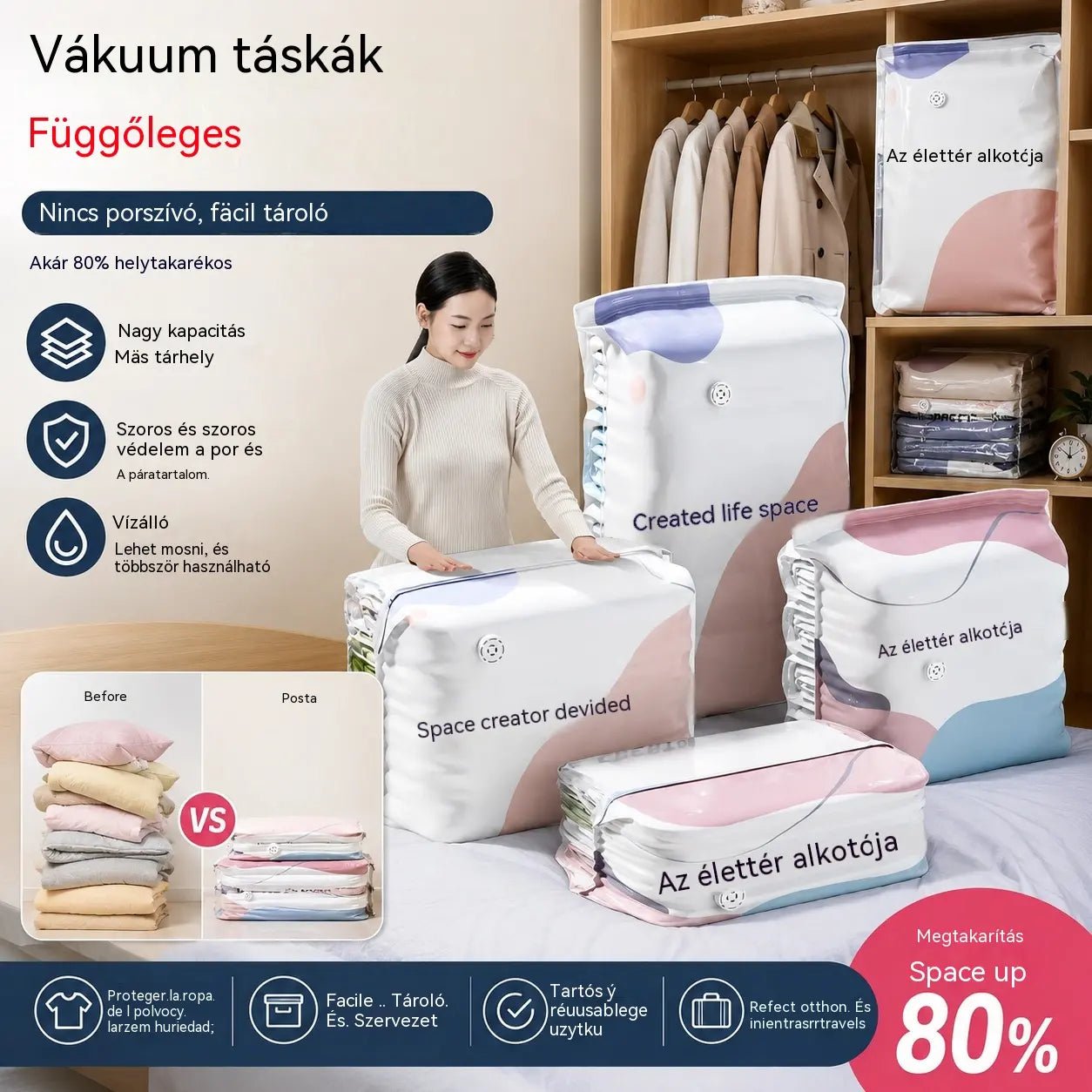 🧳【5 darabos】💨 Nagy, összenyomható vákuumos tárolózsák: nincs szükség pumpára, szivárgásmentes, és ideális helytakarékosságra bőröndökben és otthon ✈️