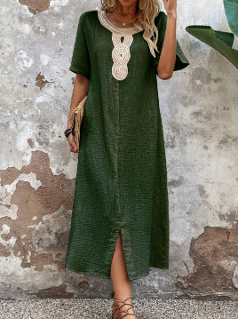 🧚‍♀️👗【50% zniżki 🔥】【S-3XL】💖Letnia duża damska sukienka z okrągłym dekoltem, koronką, krótkim rękawem, czystą bawełną i lnem, rozcięciem i luźną sukienką