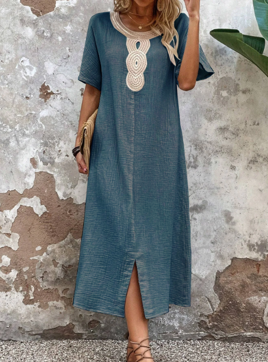 🧚‍♀️👗【50% zniżki 🔥】【S-3XL】💖Letnia duża damska sukienka z okrągłym dekoltem, koronką, krótkim rękawem, czystą bawełną i lnem, rozcięciem i luźną sukienką