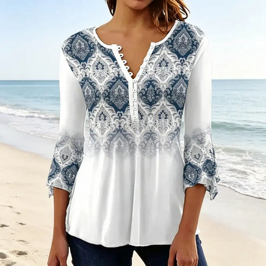 【S–5XL】Női divatos V-nyakú mintás póló – kényelmes, laza és elegáns mindennapi viselet