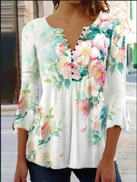 【S–5XL】Női divatos V-nyakú mintás póló – kényelmes, laza és elegáns mindennapi viselet