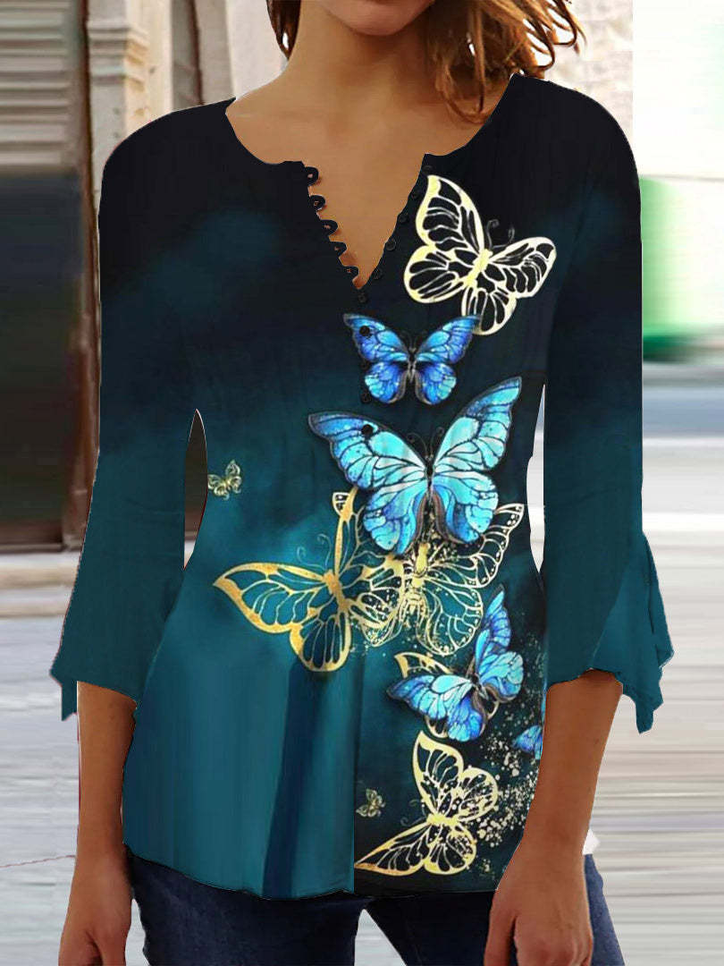 【S–5XL】Női divatos V-nyakú mintás póló – kényelmes, laza és elegáns mindennapi viselet