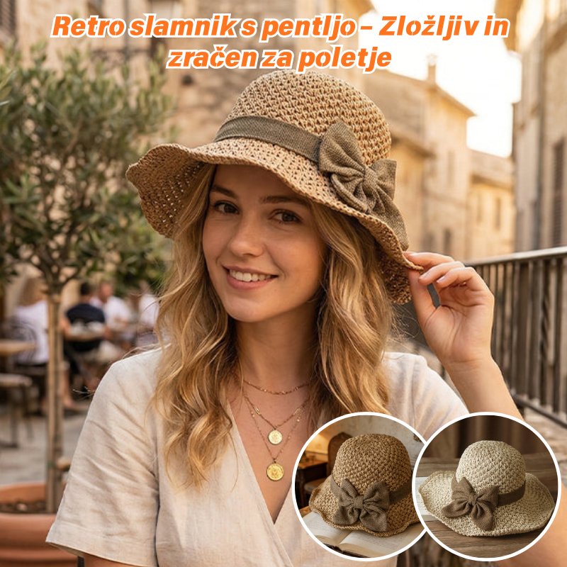🎀🎀 50 % POPUST 👒 | Retro slamnik s pentljo – zložljiv in zračen za poletje