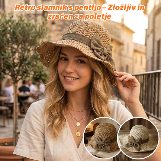 🎀🎀 50 % POPUST 👒 | Retro slamnik s pentljo – zložljiv in zračen za poletje