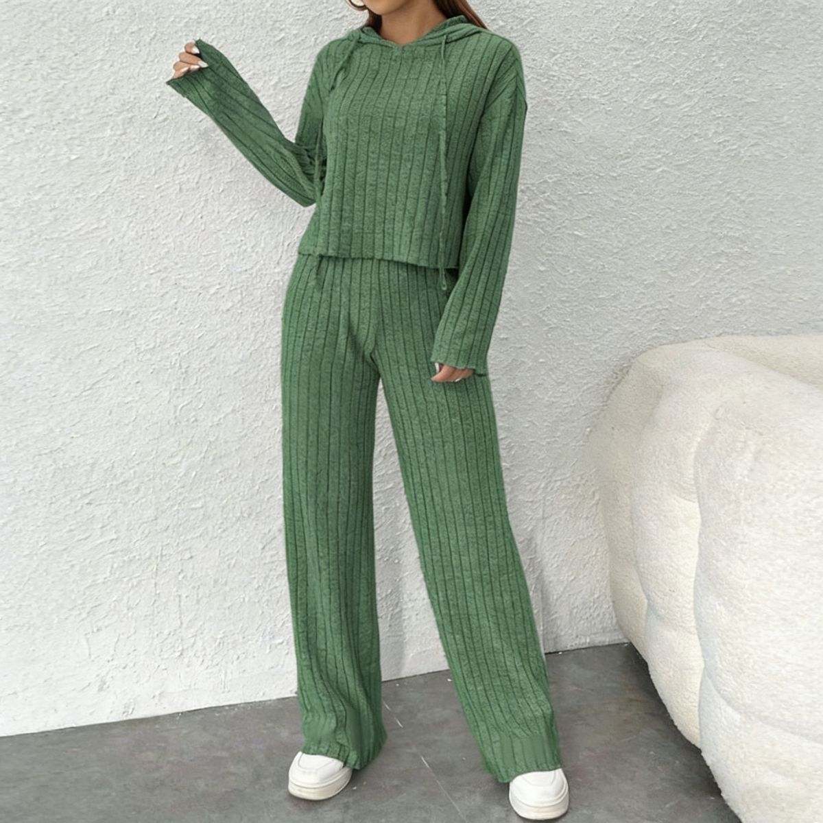😍【Top + Spodnie】Stylowy damski dzianinowy dwuczęściowy komplet: Bluza + Spodnie z szerokimi nogawkami