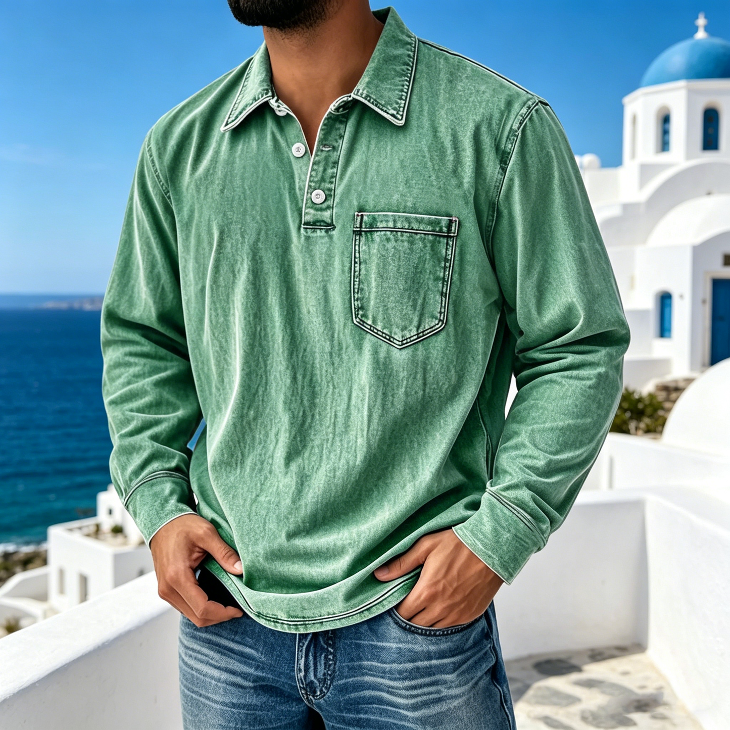 【S-5XL】Νέο τζιν πουκάμισο Henley για άνδρες με 3 κουμπιά, casual, μακρυμάνικο, του 2026