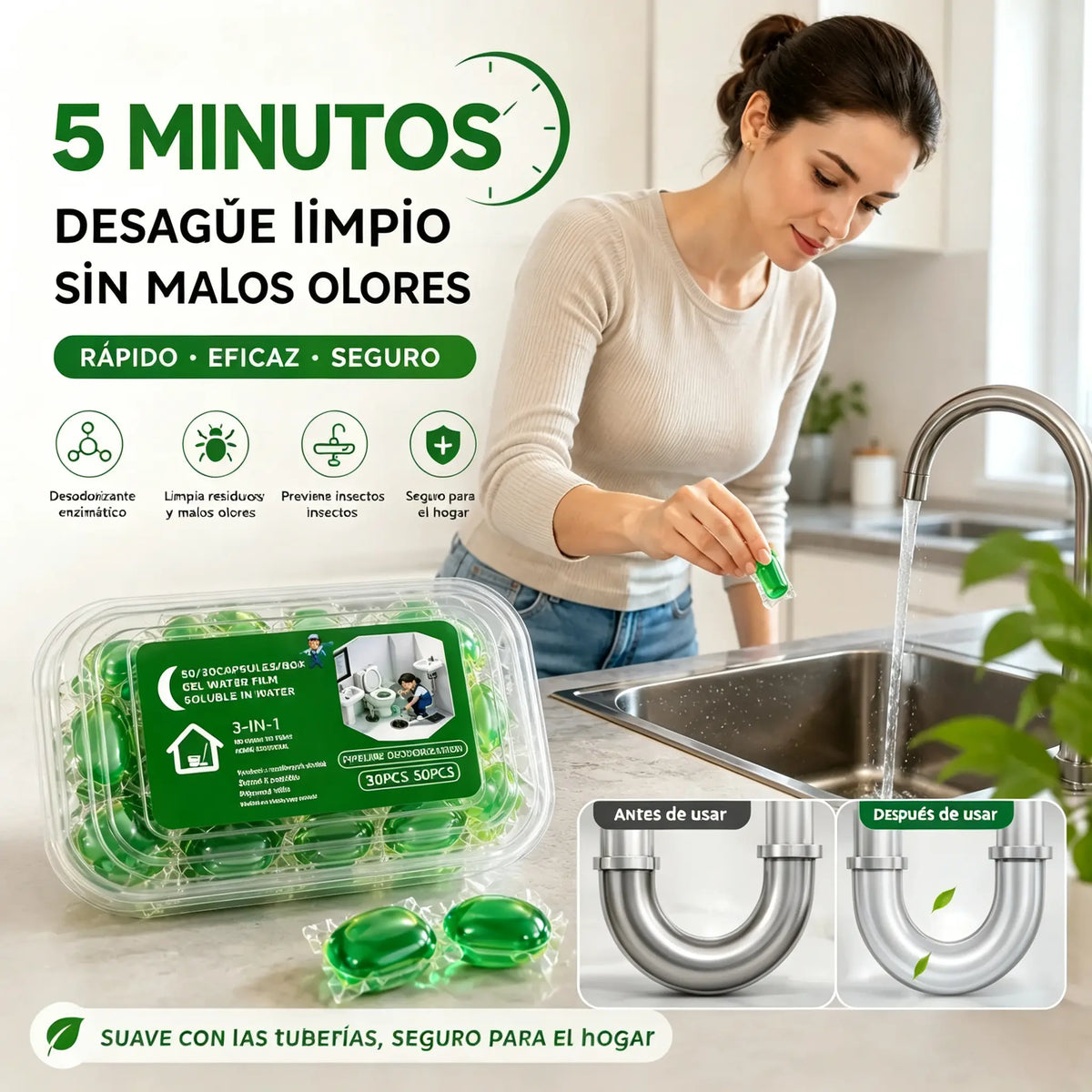2 paquetes (100 comprimidos) 👍Cápsulas solubles en agua para eliminar olores de desagües: la solución perfecta para prevenir la propagación de olores en baños y cocinas.