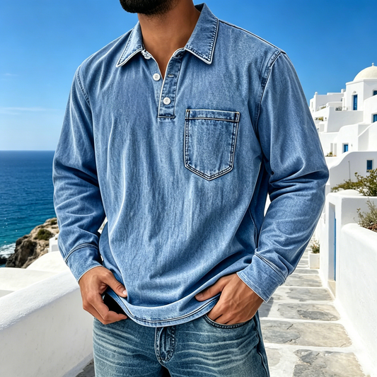【S-5XL】Νέο τζιν πουκάμισο Henley για άνδρες με 3 κουμπιά, casual, μακρυμάνικο, του 2026
