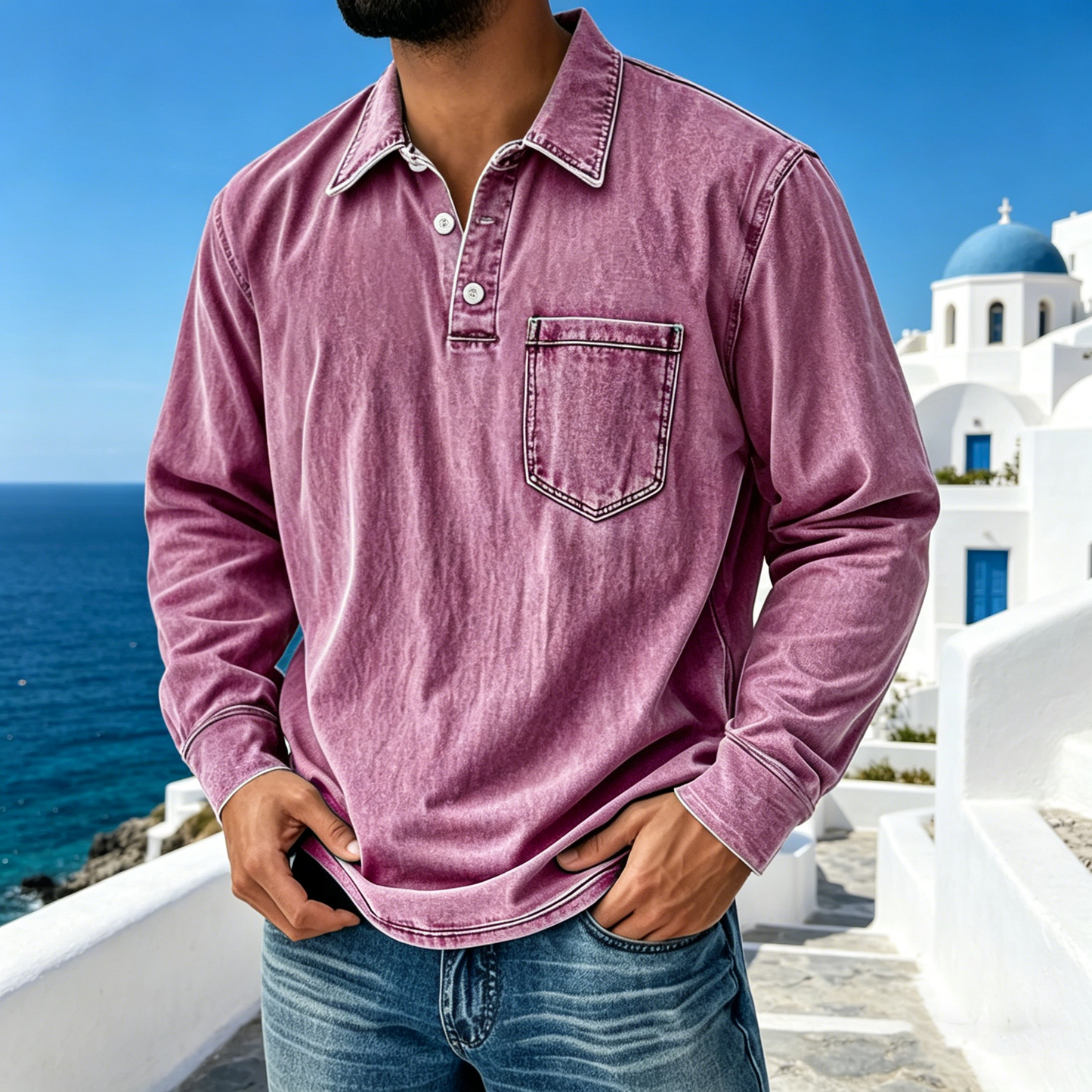 【S-5XL】Νέο τζιν πουκάμισο Henley για άνδρες με 3 κουμπιά, casual, μακρυμάνικο, του 2026