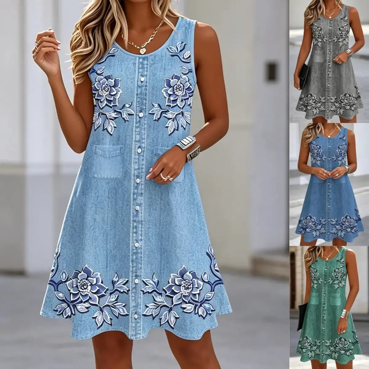 👗Szezon végi különleges ajánlatok 🎉 - Női ujjatlan nyári mintás ruha, laza szabású, farmerhatású anyaggal