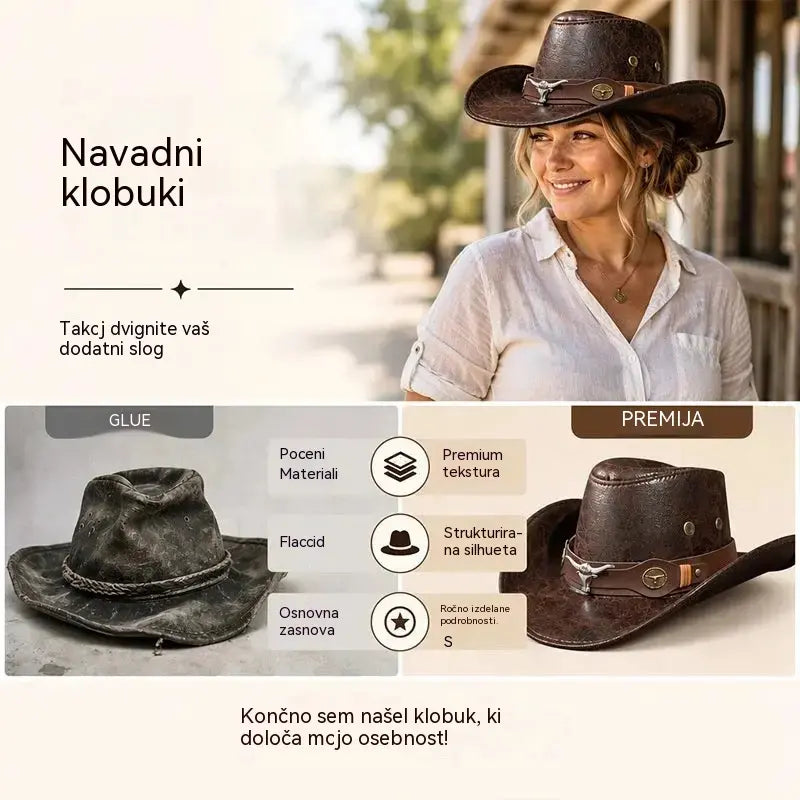 🤠Izkoristite 50 % popust zdaj! 🌟Retro kavbojski klobuk s širokimi krajci in trakom za kapuco - obrabljena fedora v zahodnjaškem slogu