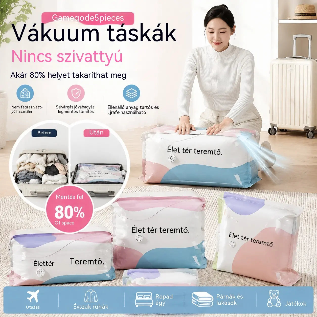 🧳【5 darabos】💨 Nagy, összenyomható vákuumos tárolózsák: nincs szükség pumpára, szivárgásmentes, és ideális helytakarékosságra bőröndökben és otthon ✈️