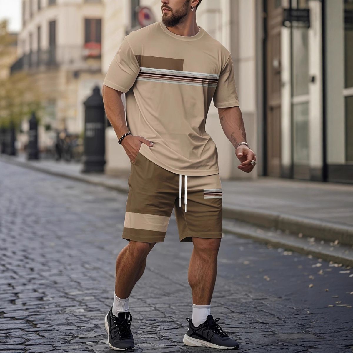 ✨【S-5XL】Férfi nyári 2 részes sport szett - kényelmes rövid ujjú póló és rövidnadrág, mindennapi és otthoni viseletre.【Utánvétes fizetés】