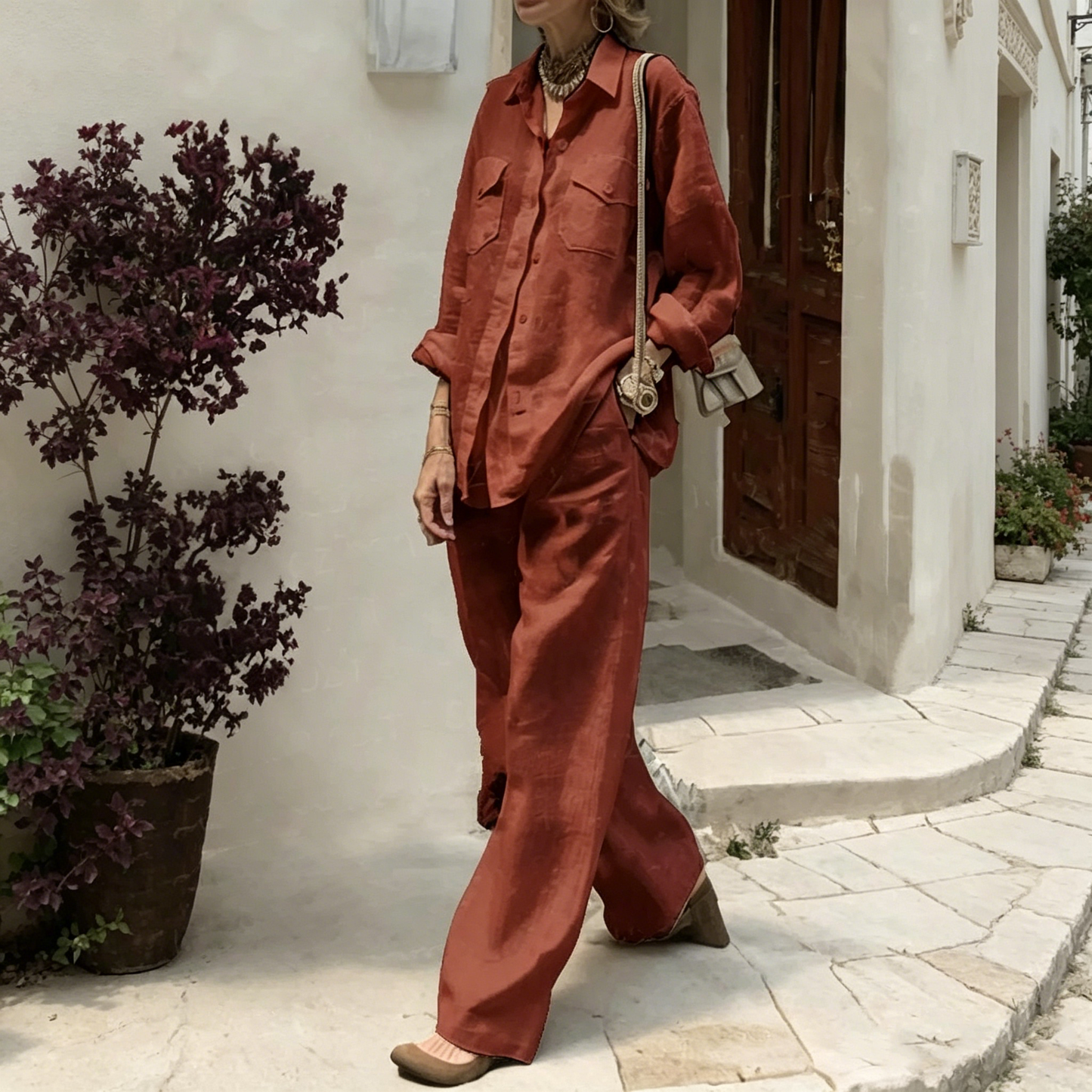 【S-5XL】Νέο κομψό και casual γυναικείο σετ δύο τεμαχίων (μακρυμάνικο πουκάμισο + φαρδύ παντελόνι)