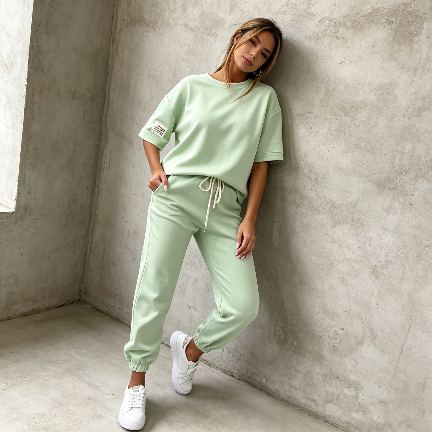 【S-5XL】Novedad 2026: Conjunto casual de dos piezas de color liso para mujer (blusa + pantalón)