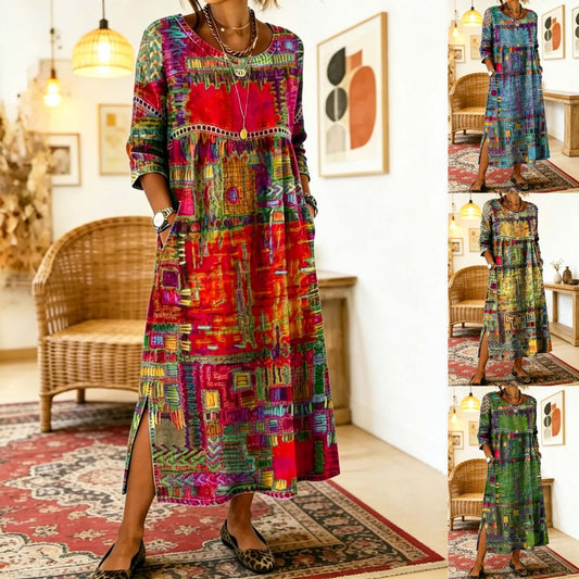 ❤Utánvétes fizetés❤【S-5XL】Bohém maxi ruha etnikus patchwork mintával