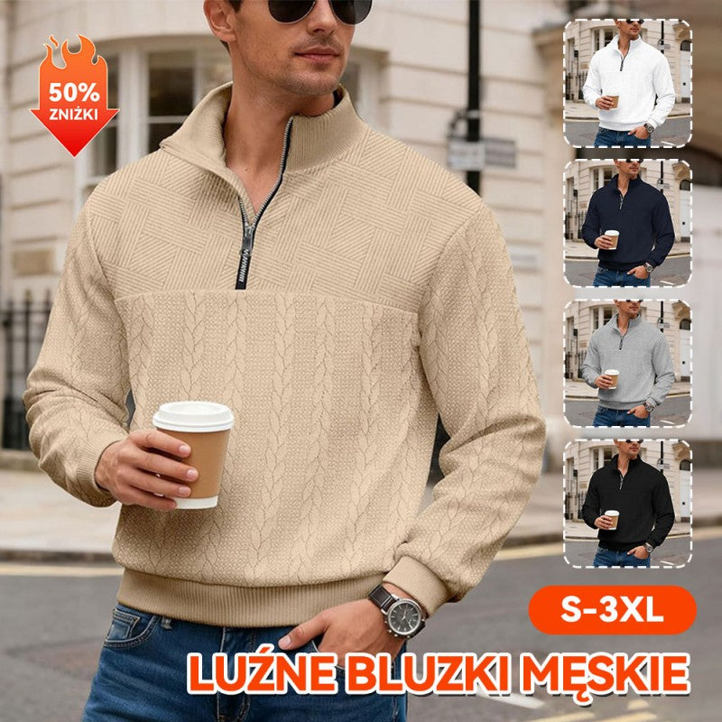 【S-3XL】Luźna bluza z kołnierzykiem, męska luźna bluza z krótkim zamkiem błyskawicznym