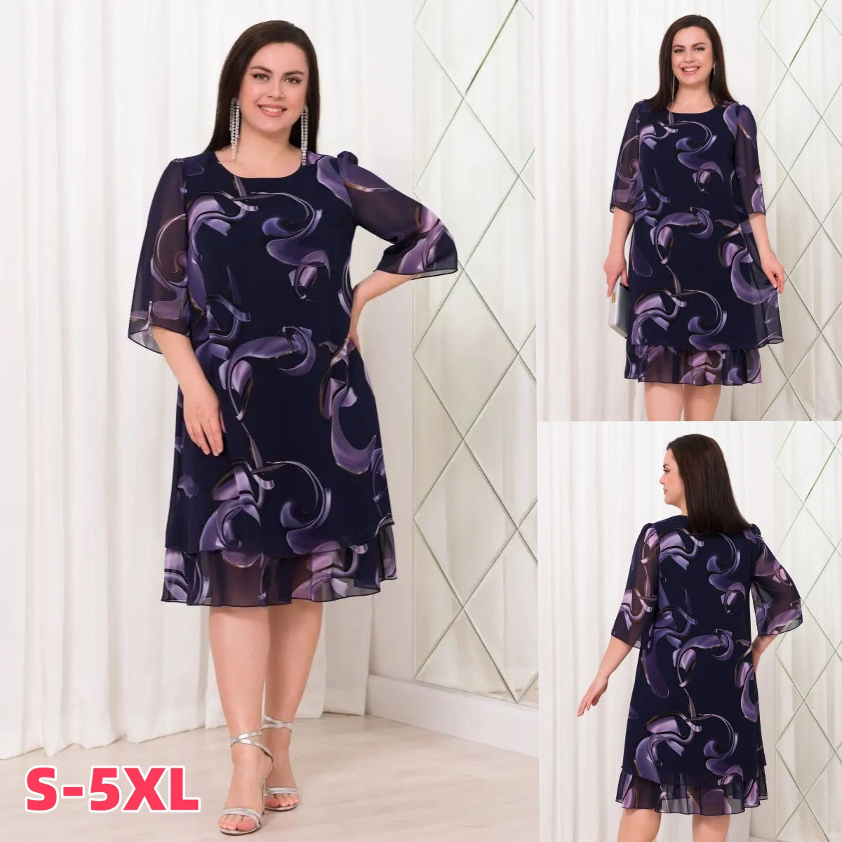 💕【S-5XL】👗Elegancka sukienka z nadrukiem siateczki i rękawami z falbaną