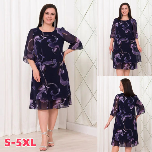 💕【S-5XL】👗Elegancka sukienka z nadrukiem siateczki i rękawami z falbaną