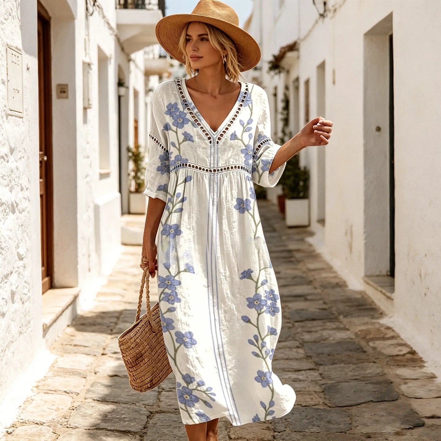 👗【Kupite eno, dobite eno brezplačno】【Razprodaja ob koncu sezone】Poletna potiskana dolga obleka iz bombaža in lana, V-izrez (S-3XL)