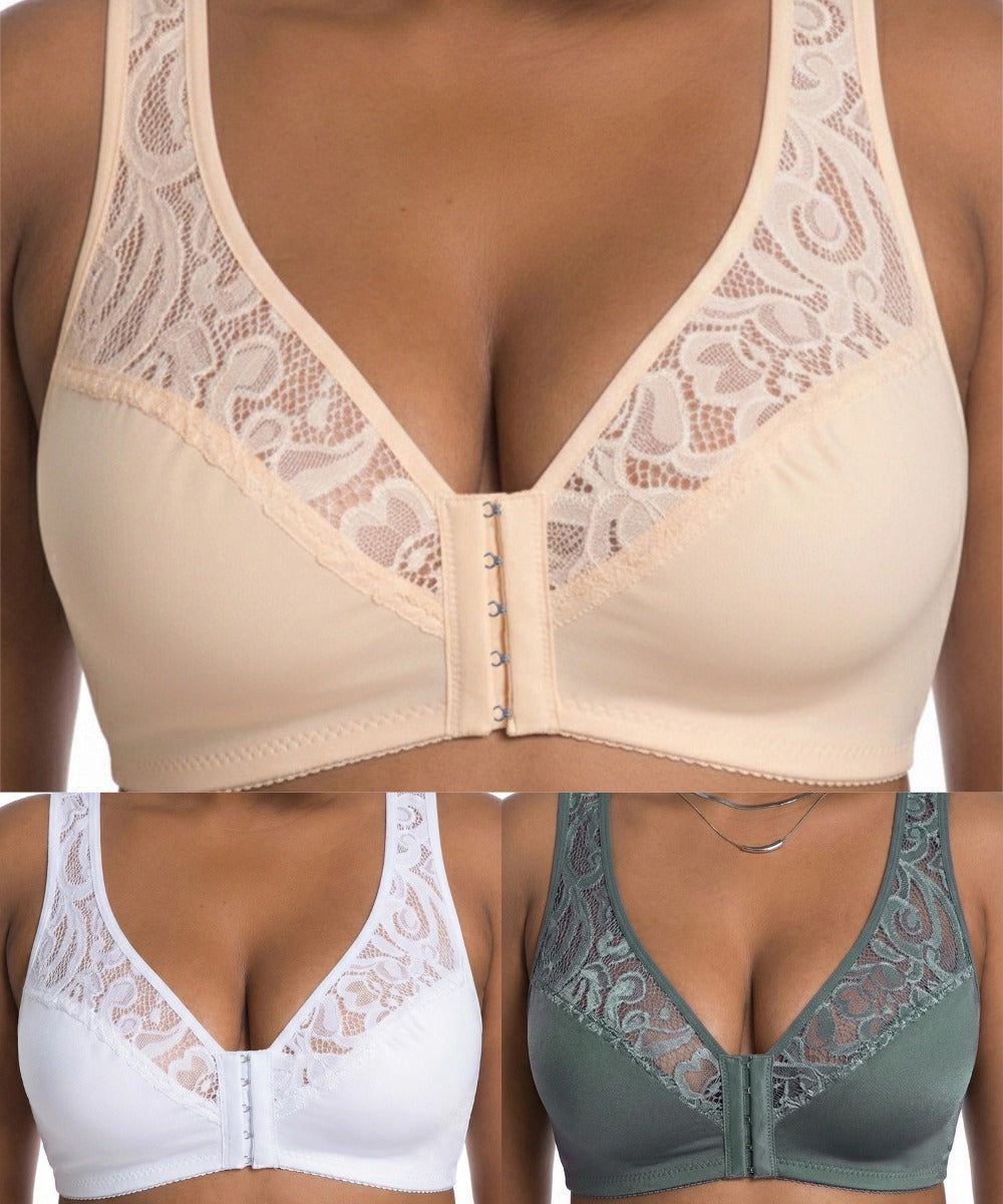 💖【Σετ 3 τεμαχίων】【L-4XL】😍Κομψό σουτιέν push-up με δαντέλα και κλείσιμο μπροστά, για μεγάλα μεγέθη, με push-up και σχέδιο με κοφτερή λαιμόκοψη