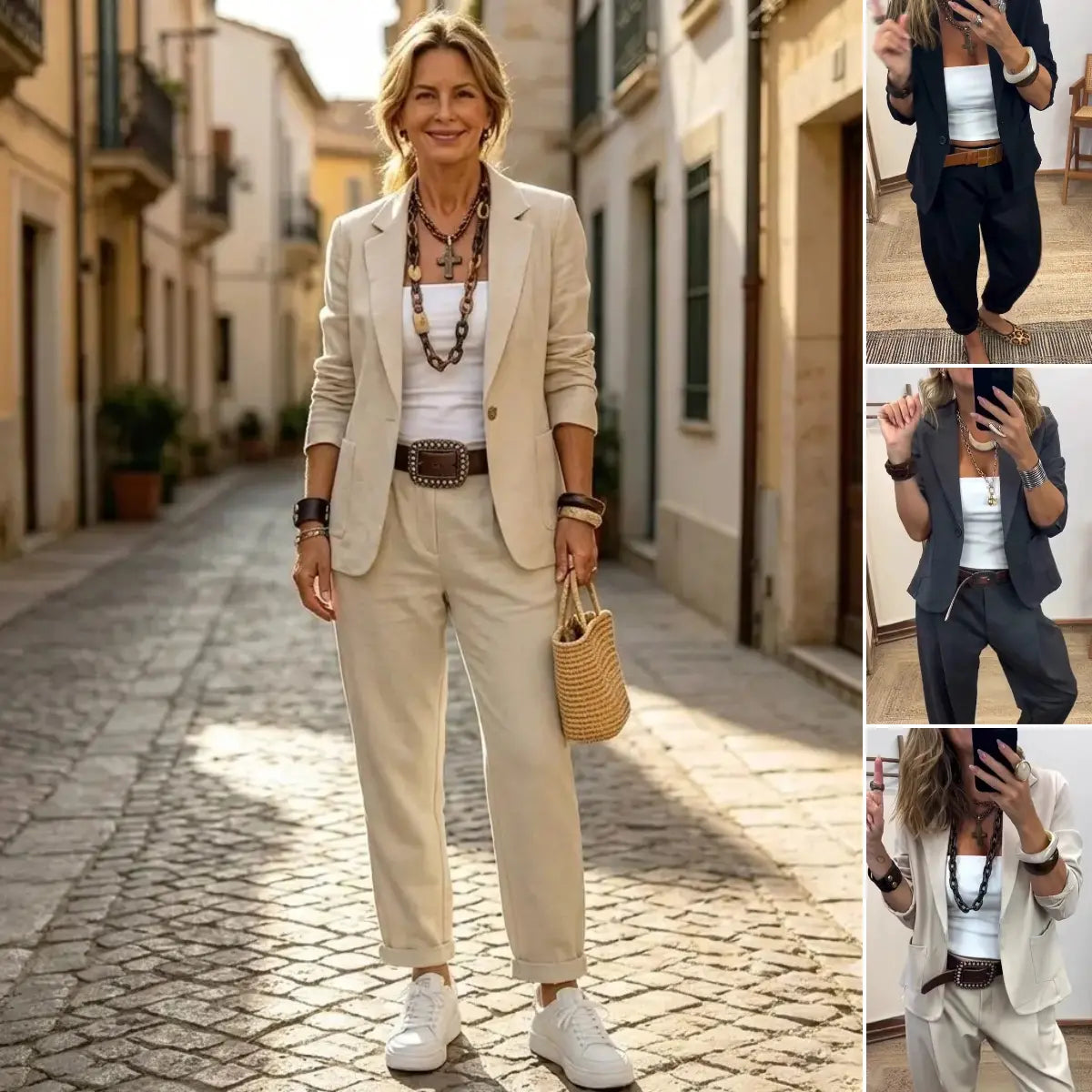 💎 50 % popust – Ženski komplet plašča in hlač, oprijet kroj, mehka tkanina (40–100 kg)