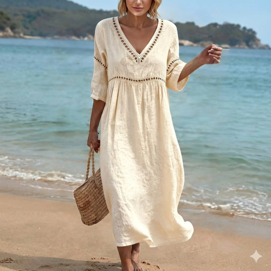 👗【S-3XL】Φόρεμα από βαμβάκι και λινό σε καλοκαιρινή μόδα - Σχέδιο με λαιμόκοψη V, αναπνεύσιμο και άνετο, λεπτό και κολακευτικό