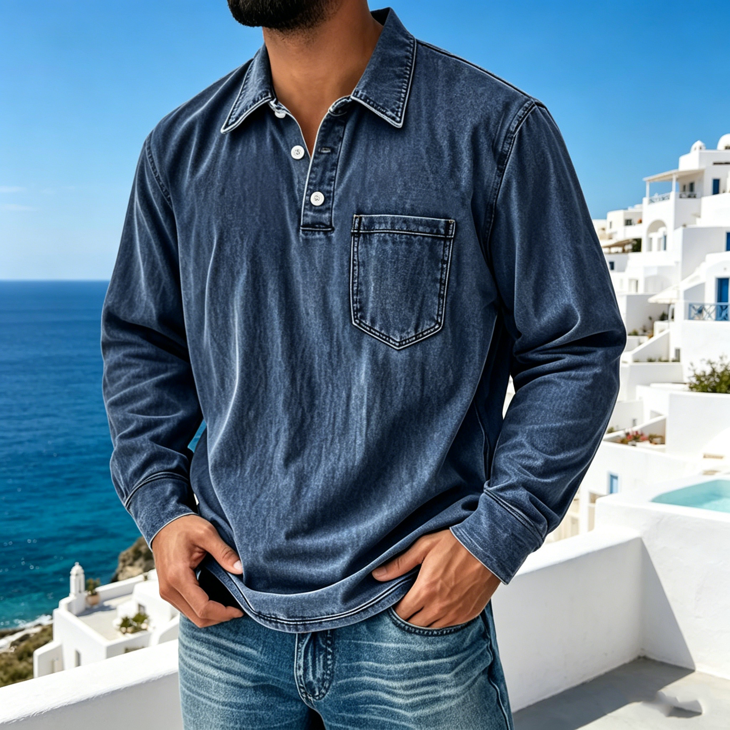 【S-5XL】Νέο τζιν πουκάμισο Henley για άνδρες με 3 κουμπιά, casual, μακρυμάνικο, του 2026
