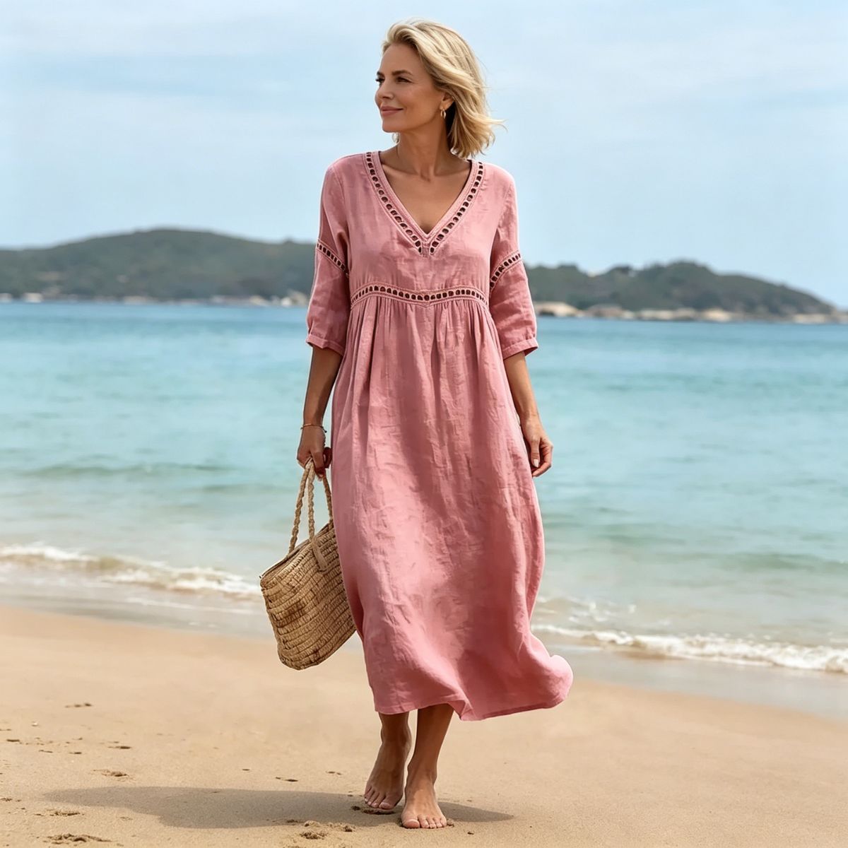 👗【S-3XL】Φόρεμα από βαμβάκι και λινό σε καλοκαιρινή μόδα - Σχέδιο με λαιμόκοψη V, αναπνεύσιμο και άνετο, λεπτό και κολακευτικό