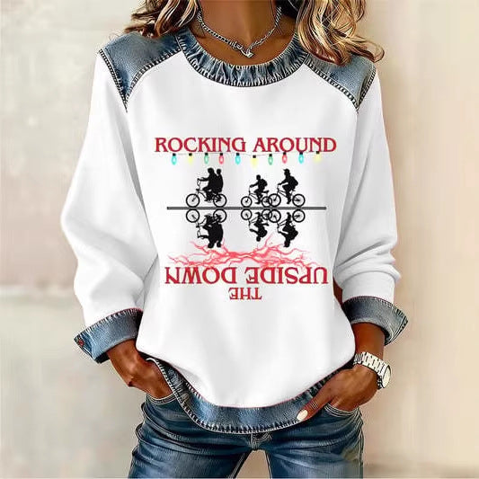 🔥【S-5XL】Μοντέρνο γυναικείο τζιν τοπ με patchwork και στάμπα για φθινόπωρο/χειμώνα