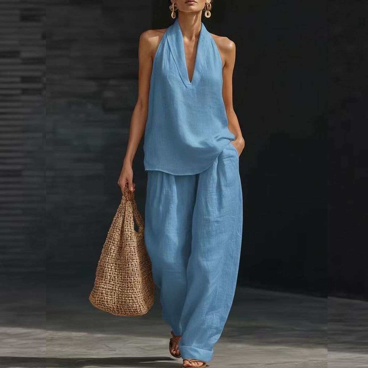 【S-5XL】💥 Γυναικείο σετ casual: Μπλούζα με V λαιμόκοψη + Παντελόνι με φαρδιά μπατζάκια