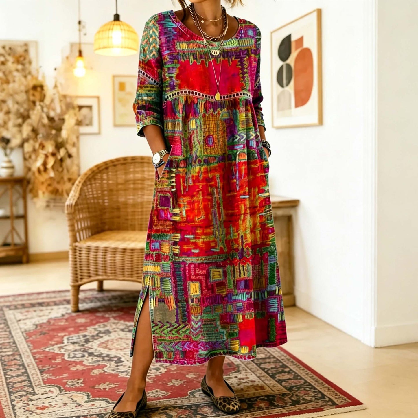 Bohém maxi ruha etnikus patchwork mintával