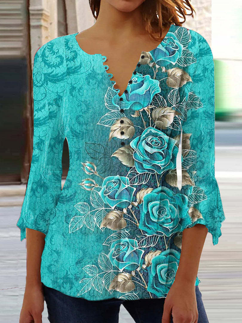 【S–5XL】Női divatos V-nyakú mintás póló – kényelmes, laza és elegáns mindennapi viselet