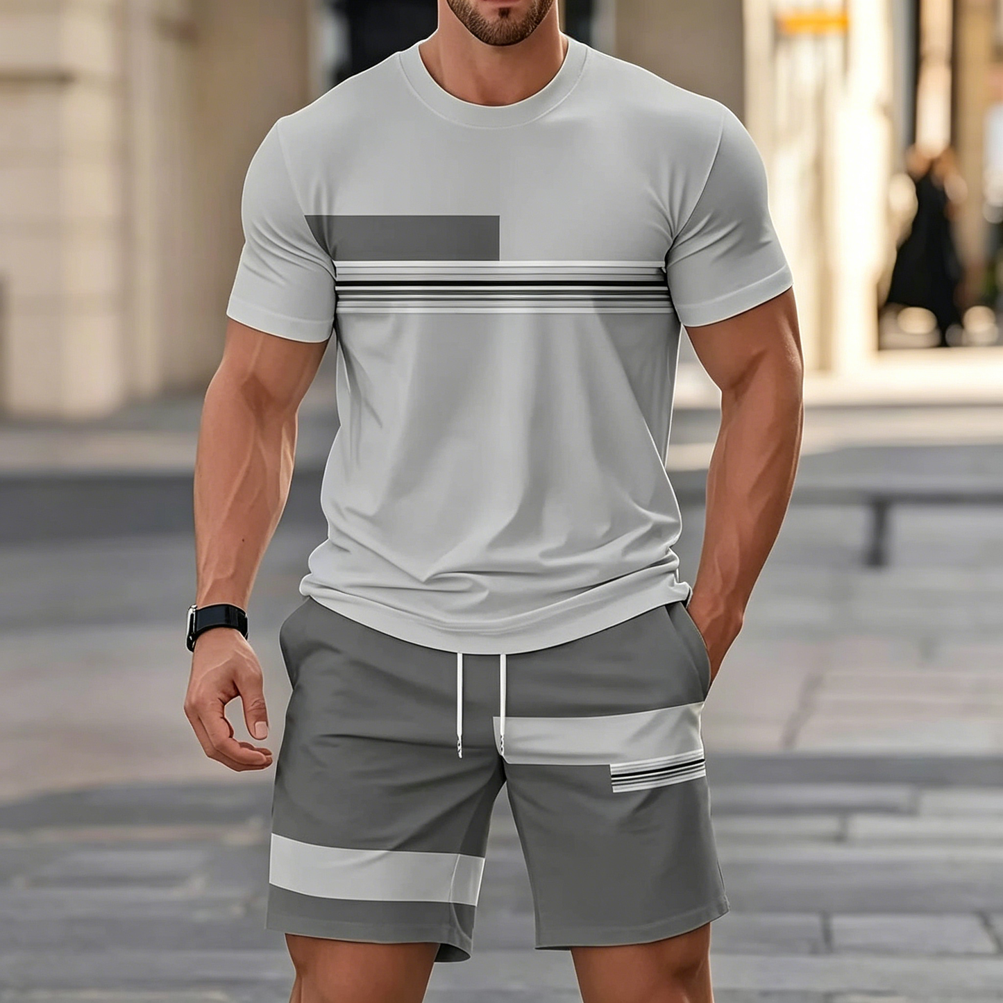 ✨【S-5XL】Férfi nyári 2 részes sport szett - kényelmes rövid ujjú póló és rövidnadrág, mindennapi és otthoni viseletre.【Utánvétes fizetés】