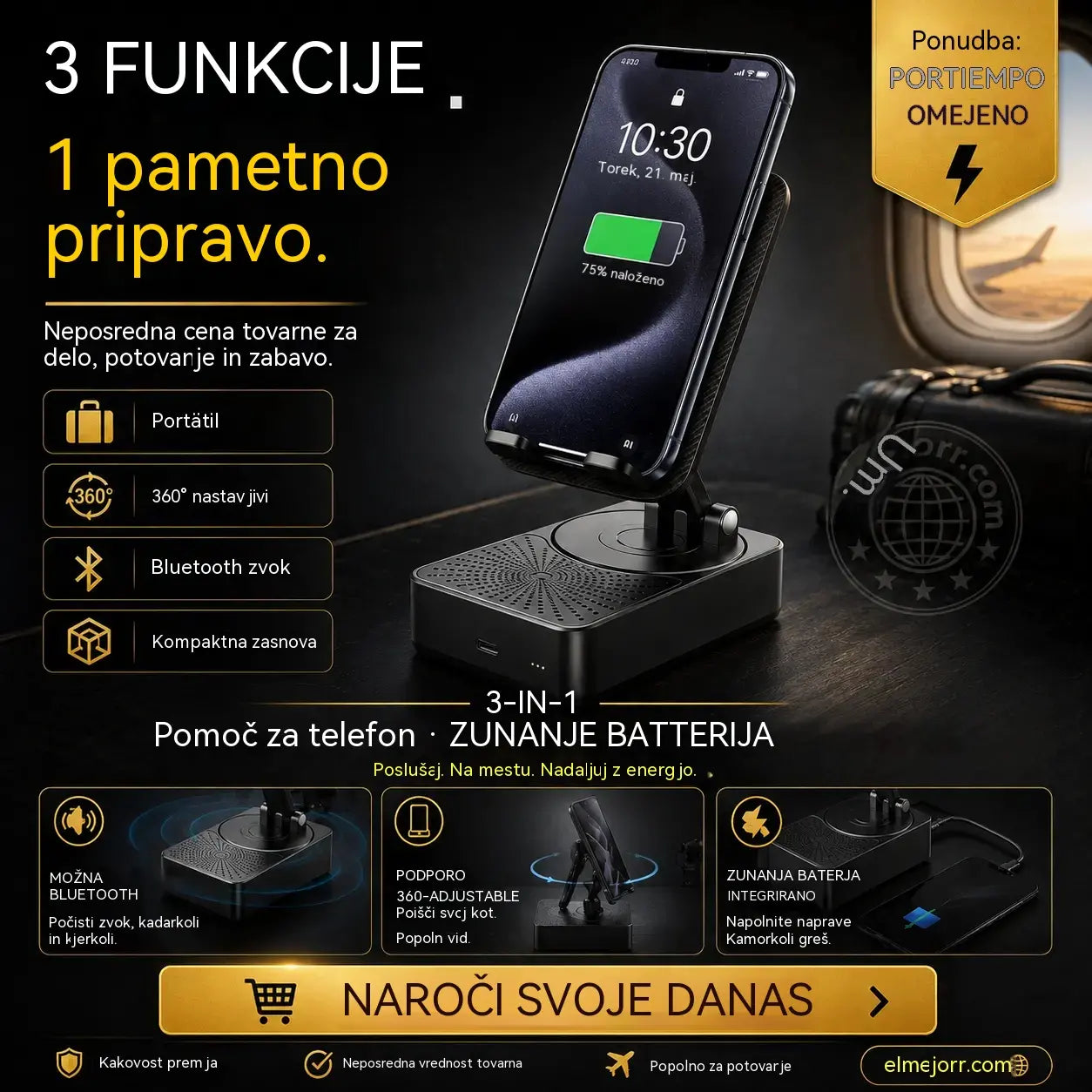 🔥 3 v 1: Bluetooth zvočnik + polnilnik + 360° stojalo za telefon 📱🔊⚡