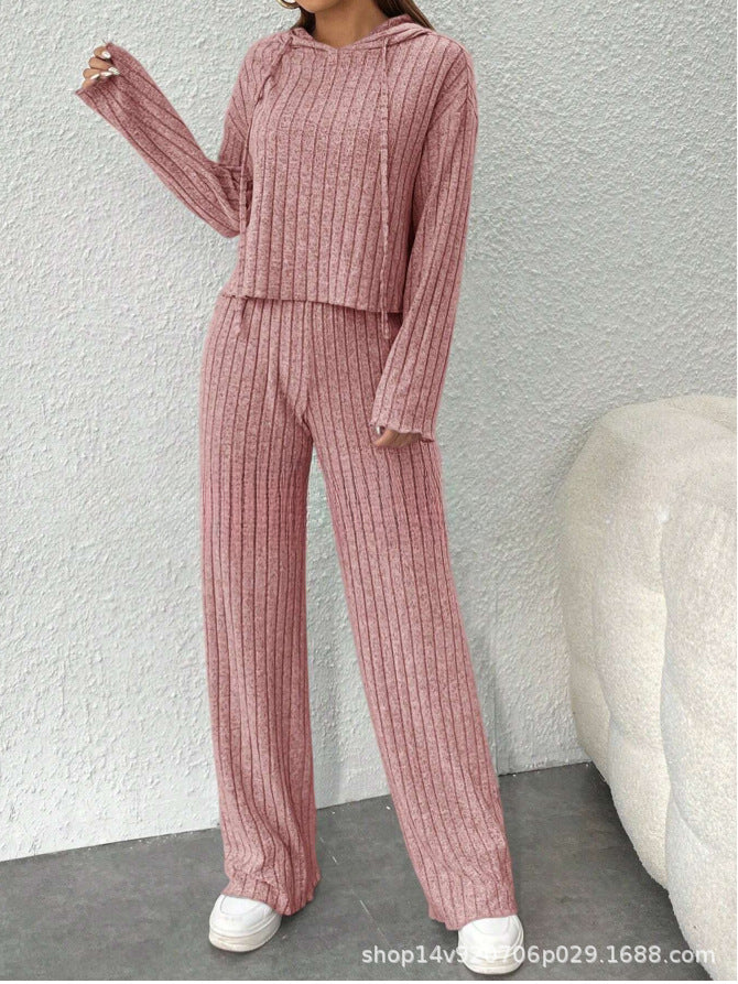 【Μπλούζα + Παντελόνι】😍Γυναικείο πλεκτό τοπ με κουκούλα και φαρδύ παντελόνι