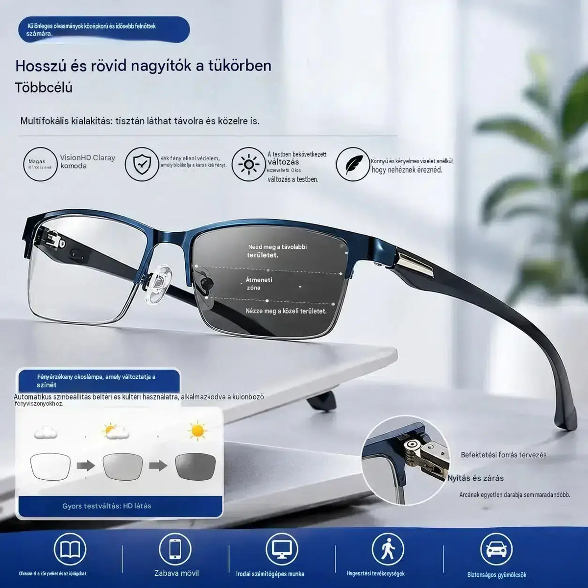 👓Egy új, keret nélküli olvasószemüveg, amelyet kifejezetten középkorú és idős emberek számára terveztek, zoom, multifókusz és fotokromatikus funkciókkal, valamint kék fény blokkolására is alkalmas.