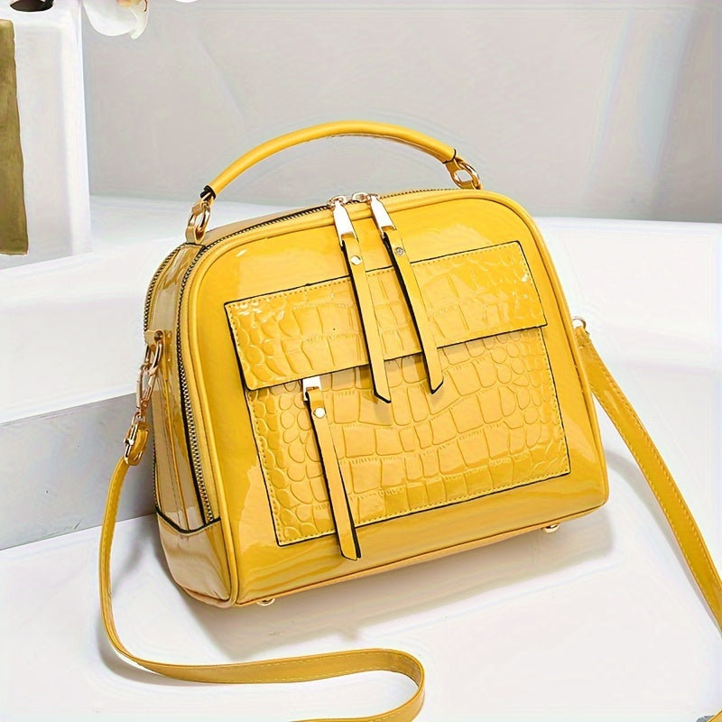 💟Geantă de mână elegantă din piele lacuită cu model crocodil, stil retro, geantă de umăr pătrată vintage, crossbody din piele artificială cu curea reglabilă pentru femei