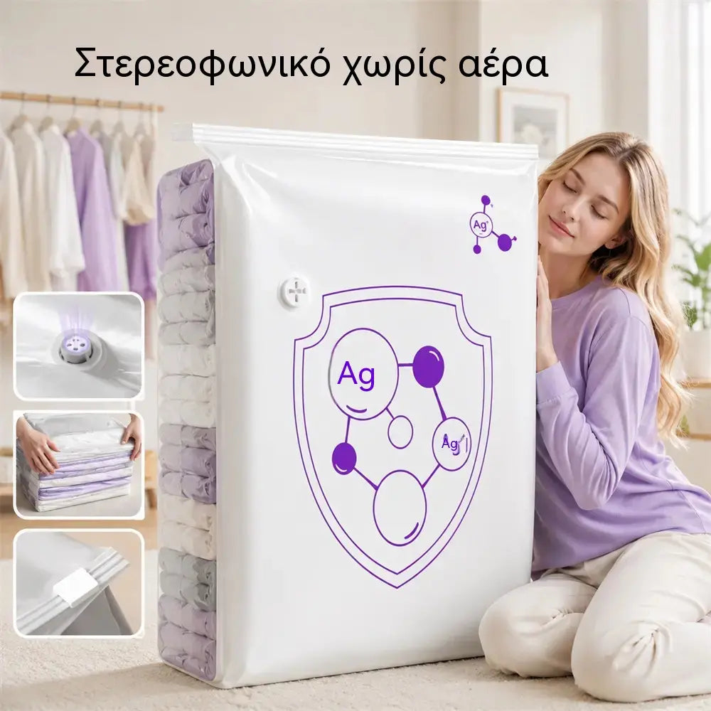 ✨ (Συσκευασία των 5) 💨 Μεγάλες συμπιέσιμες σακούλες αποθήκευσης κενού αέρος: Δεν χρειάζεται αντλία, σχεδιασμός που δεν αφήνει διαρροές, ιδανικές για εξοικονόμηση χώρου στη βαλίτσα σας και στο σπίτι.