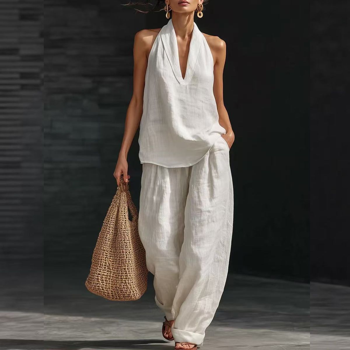 【S-5XL】💥 Γυναικείο σετ casual: Μπλούζα με V λαιμόκοψη + Παντελόνι με φαρδιά μπατζάκια